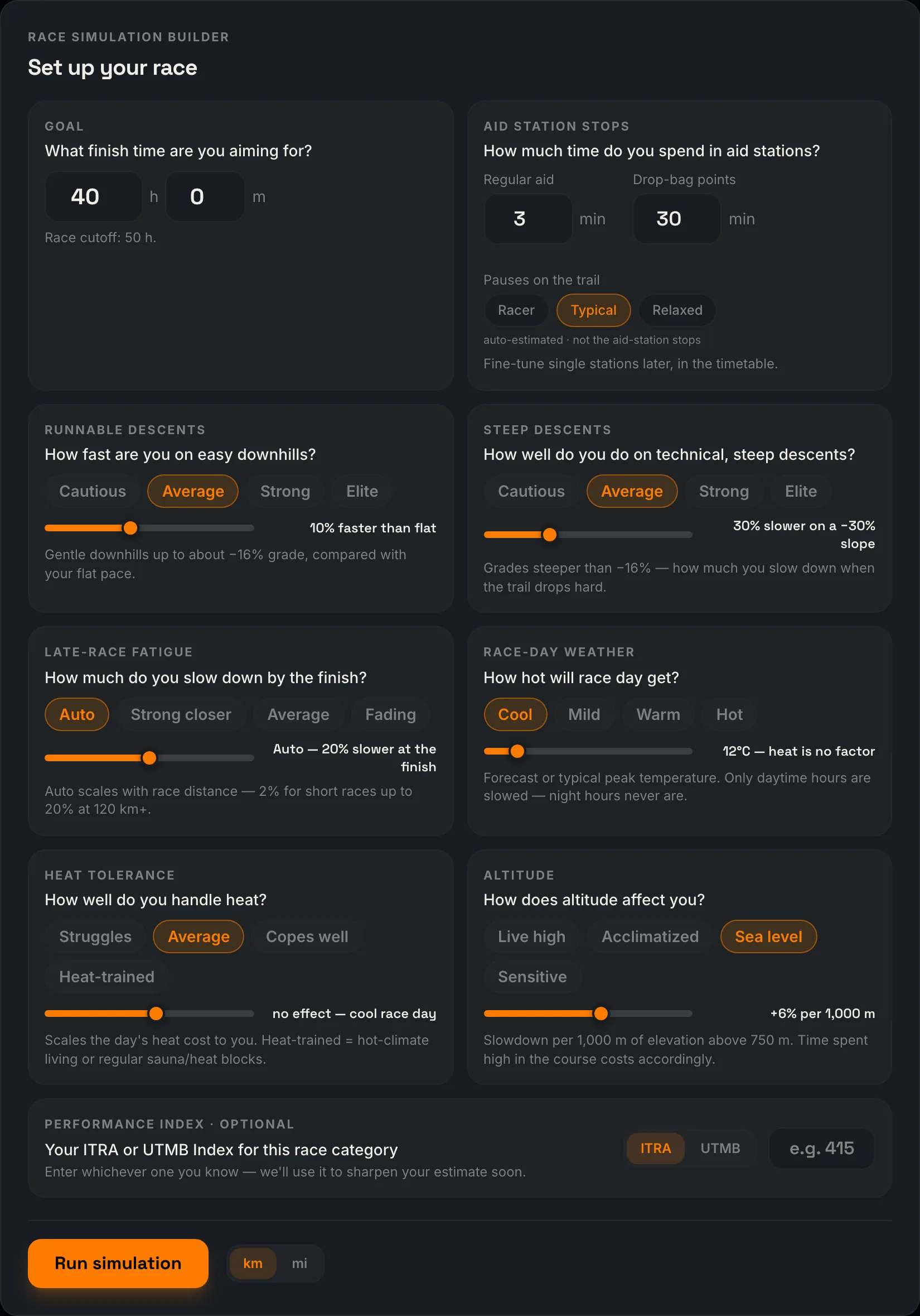 Race simulation builder: target finish time, aid-station stops, runnable and steep descent skill, late-race fatigue, race-day weather, heat tolerance and altitude questions, each with presets and a fine-tune slider
