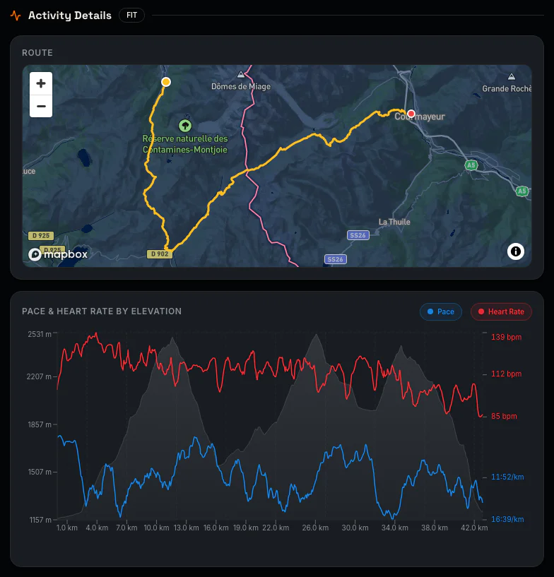 TrailUP Workout Analysis — GPS route of a Tour du Mont Blanc stage with pace, heart rate and elevation chart