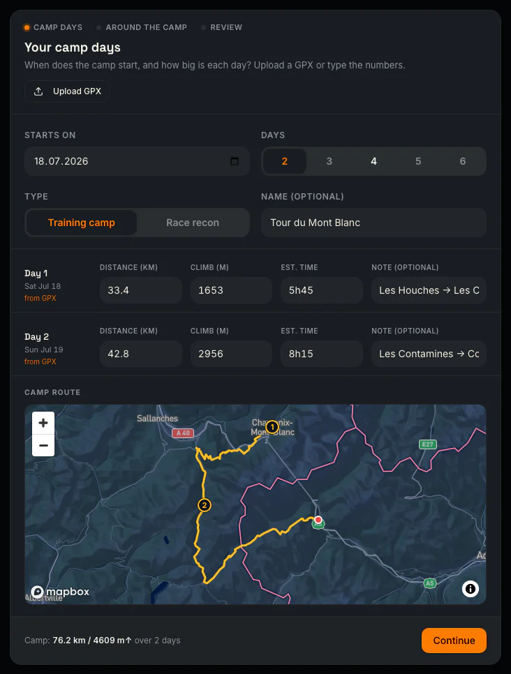 TrailUP camp builder — a Tour du Mont Blanc training camp planned from GPX files, with per-day distance, climb and route map