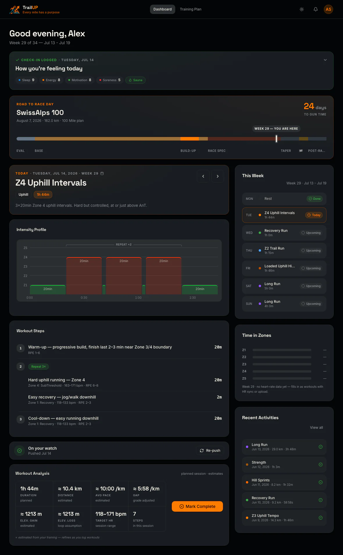 TrailUP Dashboard — daily check-in, road to race day, today's workout with intensity profile, weekly schedule